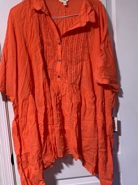 Terra & Sky Orange Pintuck Button Front Blouse